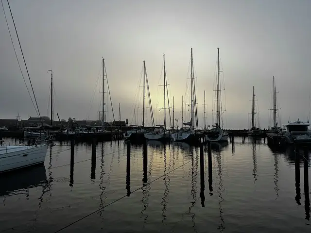 Segelboote im Hafen bei Morgendunst, die Masten spiegeln sich im Wasser